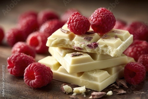 Fototapeta Delightful Composition of White Chocolate and Raspberries on a Rustic Background
