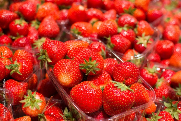 Obraz Fresh ripe red strawberries in plastic containers at market stall