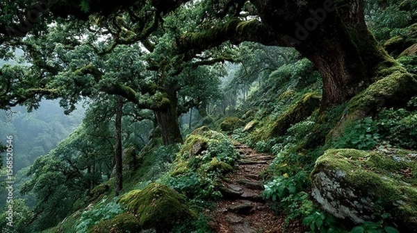 Fototapeta   A path through the dense woods, surrounded by towering trees and lush mossy foliage on either side