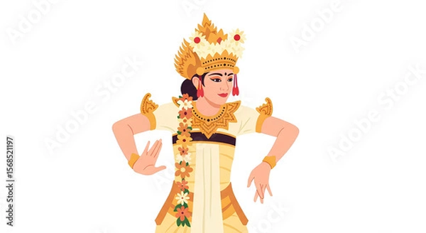 Fototapeta Balinese dancer gracefully moves, showcasing traditional attire adorned with golden elements and floral arrangements in cultural dance poses.