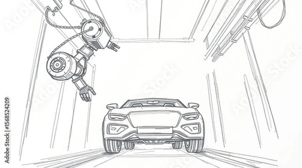 Fototapeta Automated robot arm over car sketch
