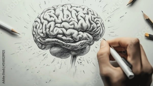 Obraz Detailed Hand-Drawn Brain Illustration with Pencil Shading