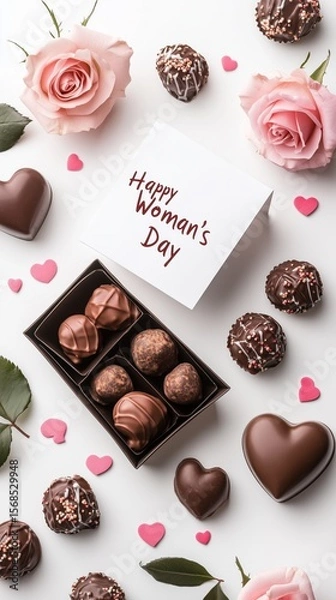 Obraz Elegant Chocolates and Pink Roses for Happy Woman's Day Celebration