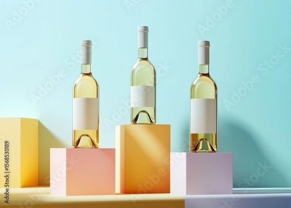 Obraz Modern White Wine Bottles on Colorful Pedestals