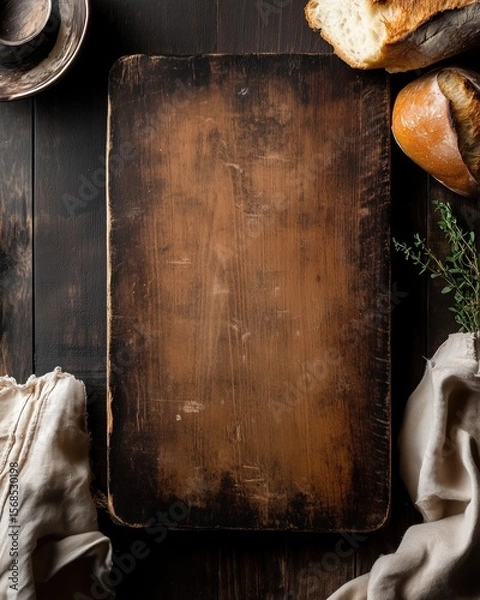 Obraz Rustic Wooden Cutting Board on Dark Wood Background