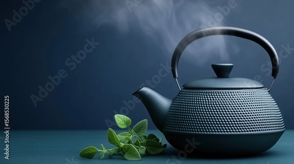 Obraz Steaming Black Cast Iron Teapot with Fresh Herbs
