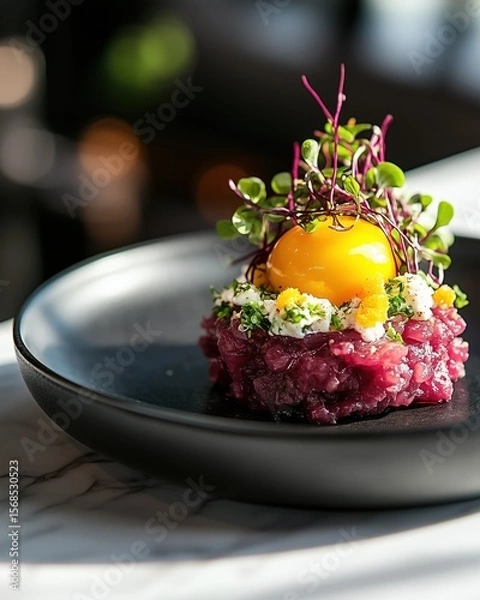 Obraz Gourmet Beetroot Tartare with Mango Yolk and Fresh Microgreens