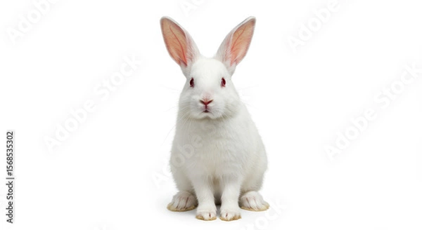Fototapeta White albino rabbit sitting front view on white background