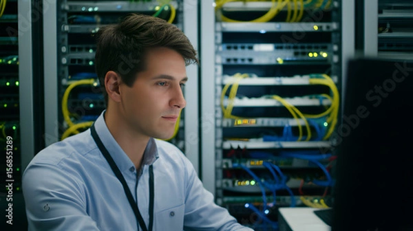 Fototapeta A young man works at a computer in a server room, surrounded by racks of servers and cables.