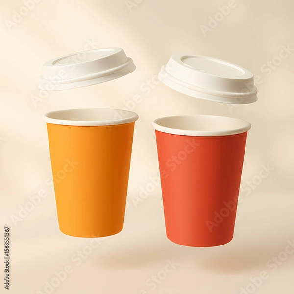 Fototapeta Two takeaway coffee cups are displayed against a soft, sunlit background, minimalistic mockup ai generative
