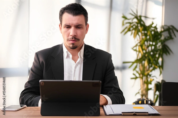 Fototapeta Focused businessman working on a tablet in an office setting.