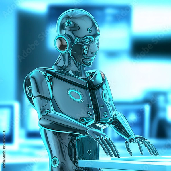 Fototapeta A futuristic robot, likely a cyborg, working at a computer terminal in a modern office setting.