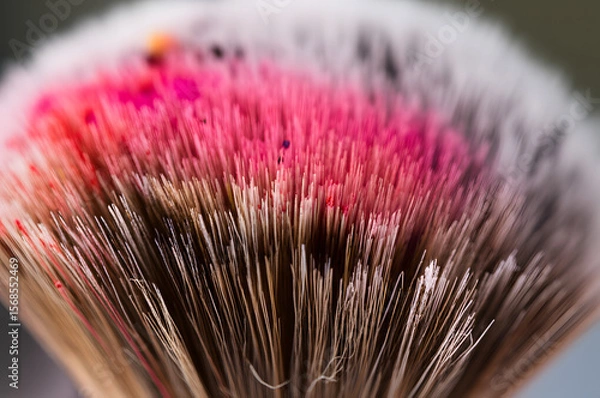 Fototapeta Close-up of a makeup brush bristles, stained with vibrant pink and other colors, showing detail and texture.