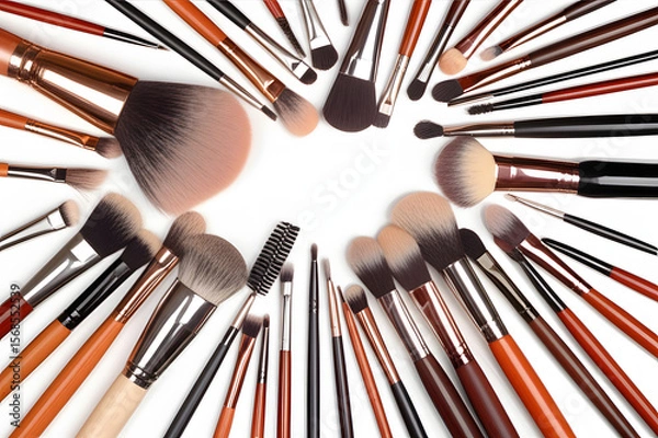 Fototapeta An overhead shot showcasing various makeup brushes arranged in a circular pattern against a white background.