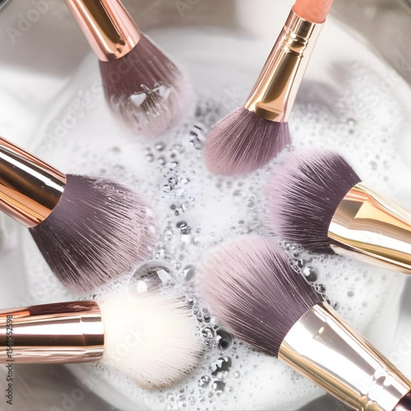 Fototapeta Close-up of makeup brushes soaking in soapy water, showing cleaning process.