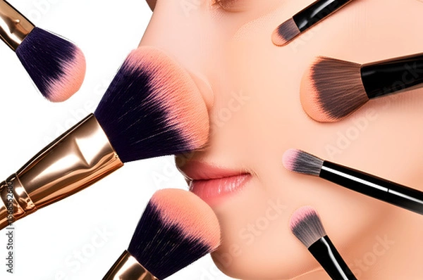 Fototapeta Close-up of a woman's face surrounded by various makeup brushes, focusing on beauty and cosmetic application.