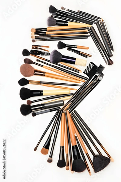 Fototapeta An assortment of makeup brushes arranged in a spiral pattern against a white background.