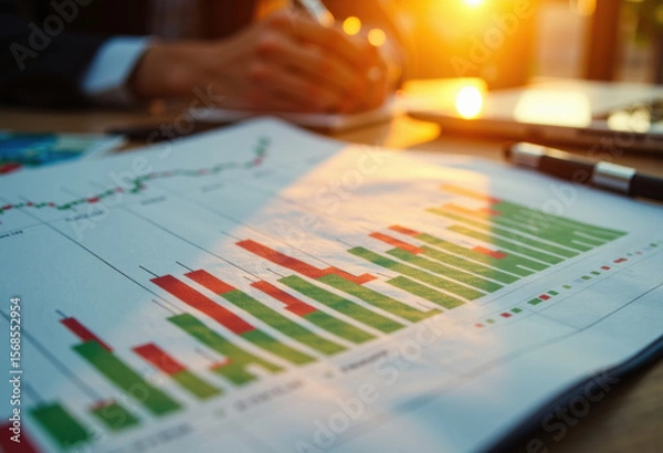 Fototapeta Business analyst reviewing financial charts and data reports in a modern office setting