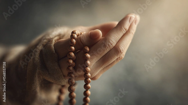 Fototapeta Hand holding prayer beads in a serene atmosphere with soft lighting and blurred background
