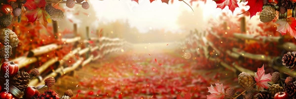 Obraz Red maple leaves framing blurred park path with soft autumn light