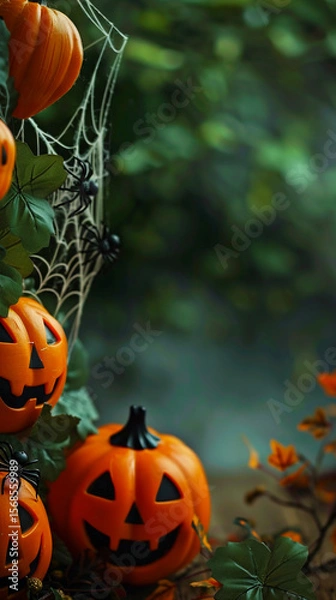 Obraz Whimsical Halloween border with cute jack-o'-lanterns, spiders, and spider webs on moody background