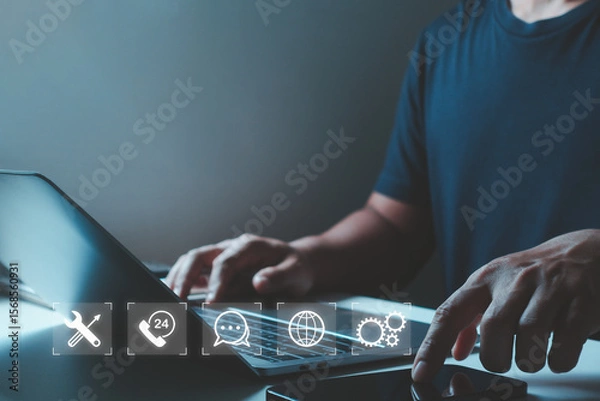 Fototapeta Person using laptop, smartphone to access technical support and service icon. Online assistance concept, troubleshooting, maintenance, help desk in digital business environment, professional support.