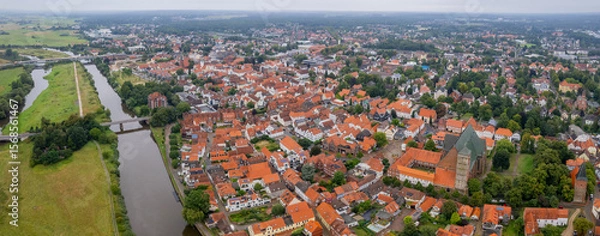 Obraz Aerial view of the old town of the city Verden, 27283 in Germany on a cloudy spring morning