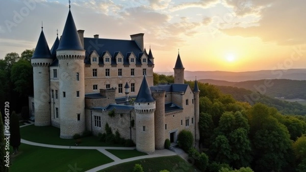 Obraz aerial view large castle multiple towers turrets castle located hilltop beautiful landscape background sky painted warm orange yellow hue indicating either sunrise sunset sun setting distance casting