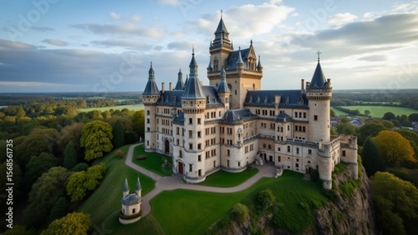 Obraz aerial view beautiful castle perched top cliff castle stone has multiple towers pointed roofs turrets sky blue few clouds scattered across sun setting casting warm glow over landscape cliff covered