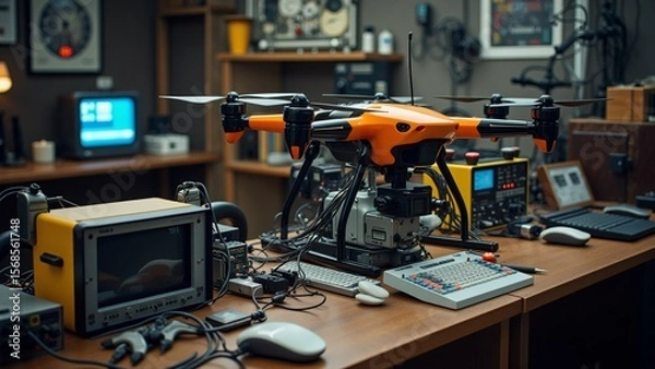 Obraz desk various electronic devices equipment scattered around center desk small orange drone four propellers camera attached drone sitting top computer monitor keyboard drone two computer monitors