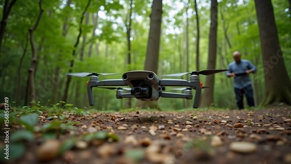 Obraz drone flying middle forest drone grey color has four propellers hovering above ground its body facing towards right side background man walking through forest holding camera his hand trees