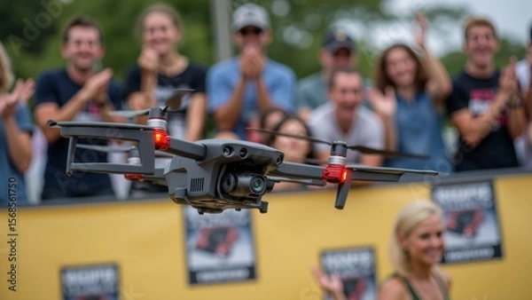 Obraz drone flying front crowd people drone grey color has two propellers red lights people crowd clapping cheering wearing casual clothes background blurred appears outdoor setting trees blue sky seems
