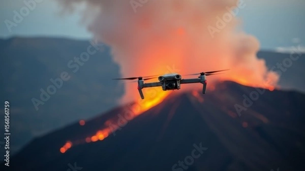 Obraz drone flying over volcano drone center its four propellers spinning rapidly volcano erupting large plume orange red smoke rising top sky deep blue mountains background silhouetted against appears
