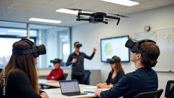 Obraz group people classroom wearing virtual reality headsets sitting desks laptops front background man standing giving presentation above group drone flying air room has large windows whiteboard wall