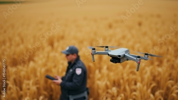 Obraz man standing field tall golden wheat stalks wearing black jacket cap holding remote control his hand center white drone flying air drone has four propellers camera attached background blurred appears