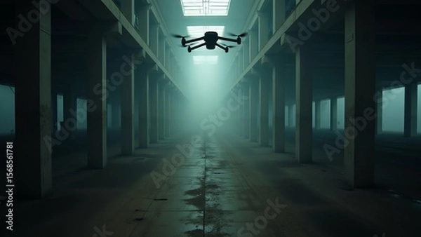 Obraz long empty corridor skylight above corridor multiple columns either side floor covered dirt grime walls ceiling concrete large windows right side corridor center drone flying low over corridor its