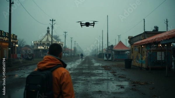 Obraz man walking wet street backpack his back facing away camera appears looking drone flying sky drone black has four propellers street lined shops buildings both sides carnival ride background sky