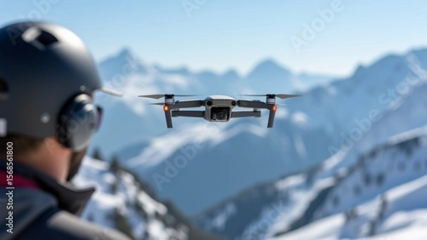 Obraz person wearing black helmet headphones standing front mountain range person looking drone flying sky drone white four propellers camera attached mountains background covered snow sky blue appears