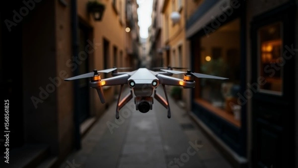 Obraz white drone flying air over narrow alleyway drone has four propellers camera mounted front alleyway lined buildings both sides shops visible right side sky dark sun setting casting warm glow