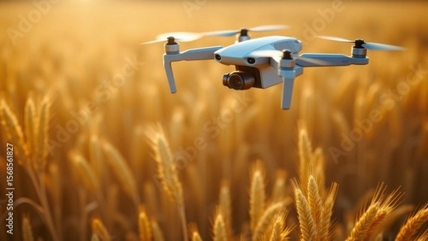 Obraz white drone flying over field golden wheat drone has four propellers camera attached field vast stretches out into distance sun shining brightly top right corner wheat stalks tall swaying wind
