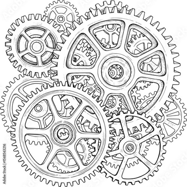 Fototapeta Interlocking gears abstract  hand-drawn style