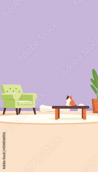 Fototapeta Cozy pastel living room with plush armchair, pet cat on coffee table, minimalistic purple and lime background, concept of home comfort and relaxation.
