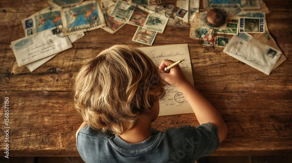 Obraz Young boy writing a letter on a wooden table surrounded by envelopes and vintage postcards from above view