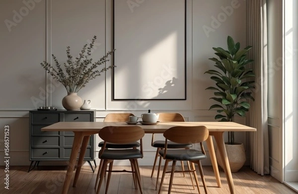 Fototapeta Modern dining room with light wood table, minimalist chairs, commode, decorative vase. Large blank poster hangs on wall, with potted plant adding plants. Natural light streams in, creating serene,