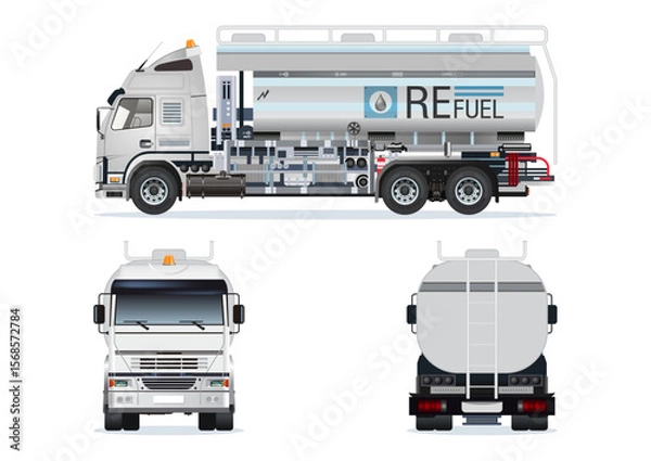 Fototapeta Airport Refuel Liquid Oil Tanker Petroleum truck trailer view from different angles vector set Illustration