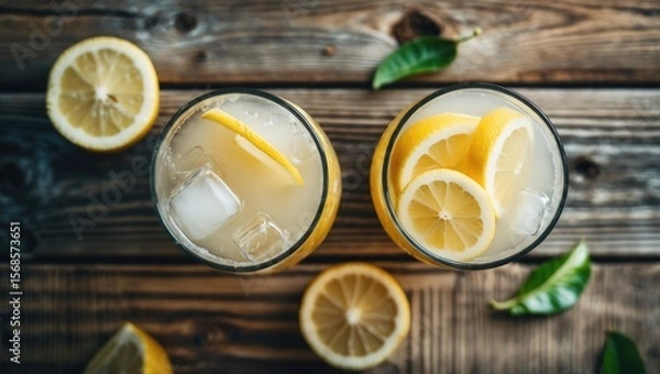 Fototapeta Top View Of Two Glasses Of Fresh Homemade Lemonade On Wooden Background With Empty Copy Space For Text