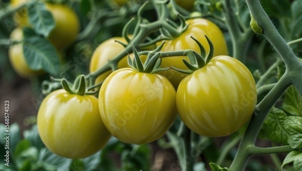 Fototapeta A bunch of unripe heirloom yellow pear tomatoes, sometimes known as yellow pear, growing in a region in Italy
