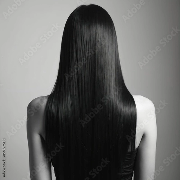 Obraz Back view of woman with long, straight, shiny black hair. Sleek, healthy strands cascade down shoulders, reflecting light with glossy finish. Elegant hairstyle suggests beauty, care, professional