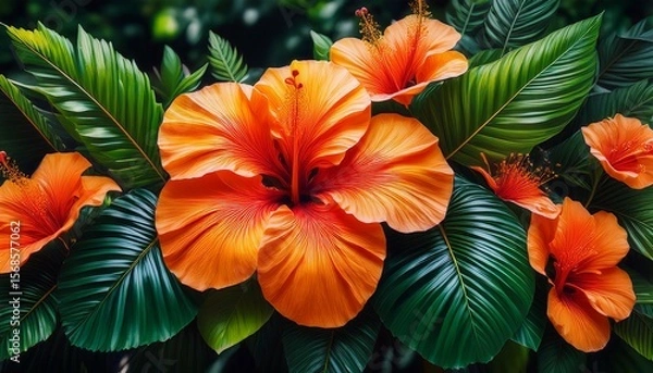 Fototapeta vibrant orange hibiscus flowers surrounded by lush green tropical leaves the scene captures a lively and exotic atmosphere