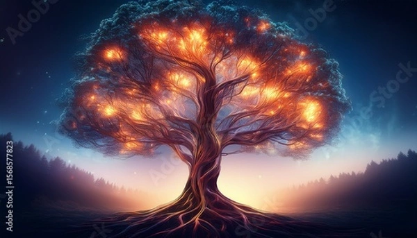 Fototapeta a stunning abstract illustration of a tree with glowing branches surrounded by a misty background symbolizing life and energy